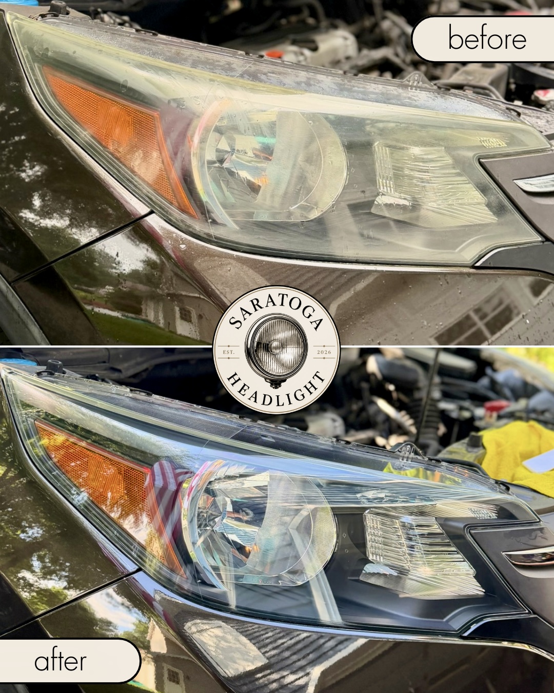 Before and after headlight restoration — oxidized lens restored to crystal clarity in Malta, NY
