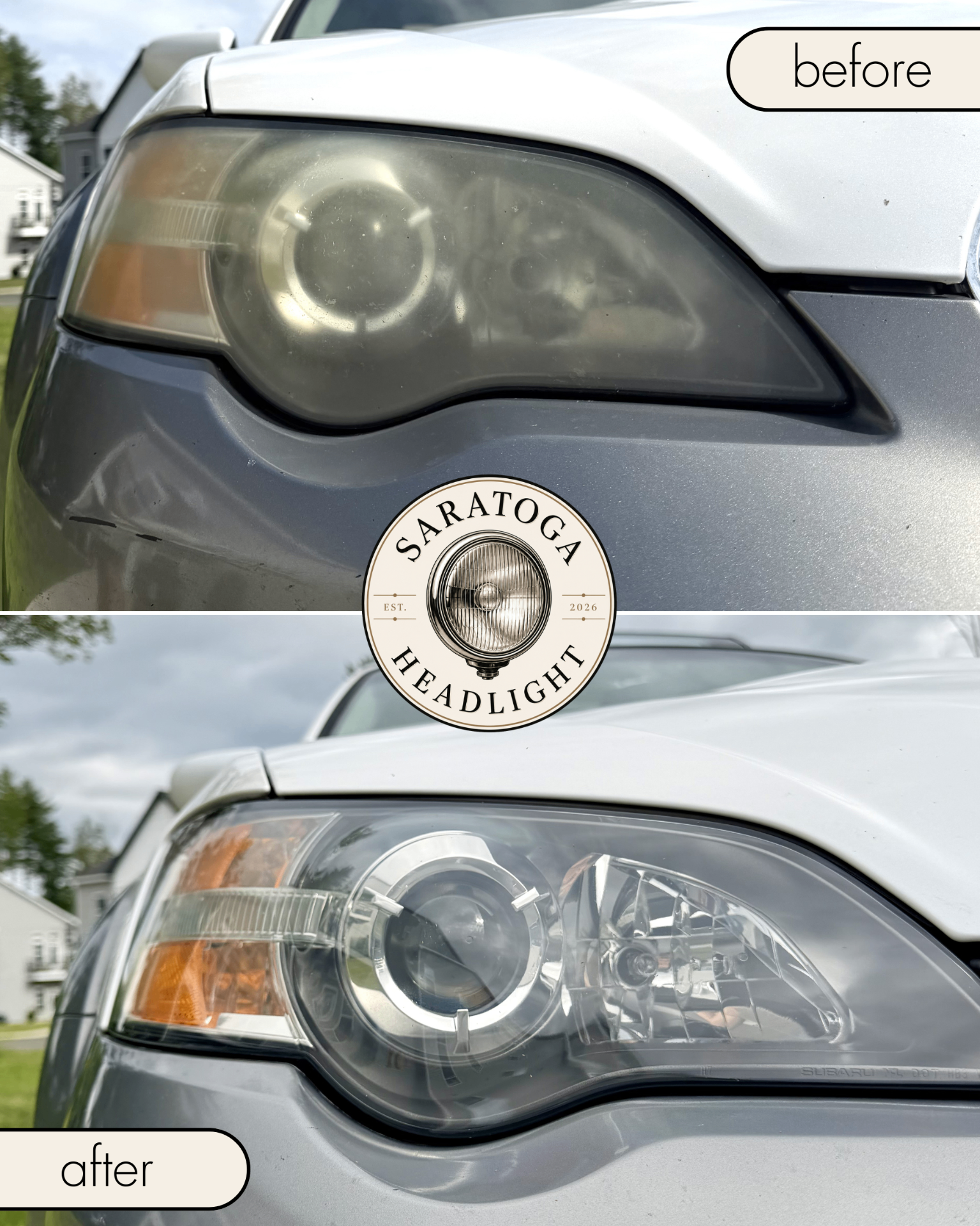 Before and after headlight restoration on a silver vehicle — yellowed lens restored to optical clarity