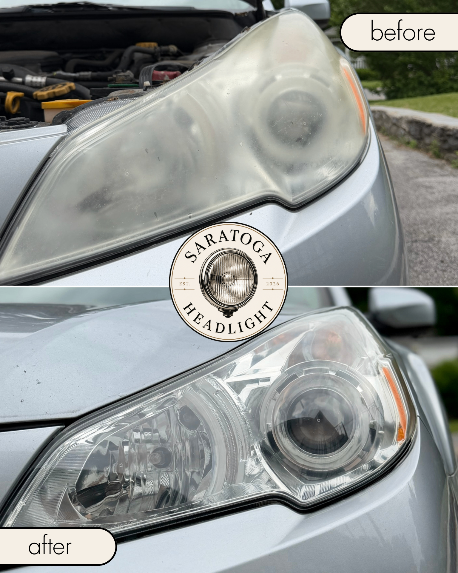 Before and after headlight restoration — cloudy oxidized headlight transformed to crystal clear