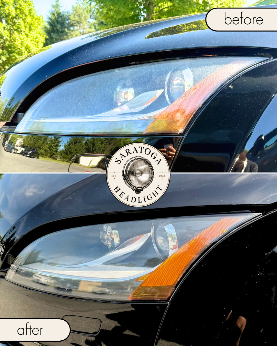 Before and after headlight restoration on a black car in Lake George, NY
