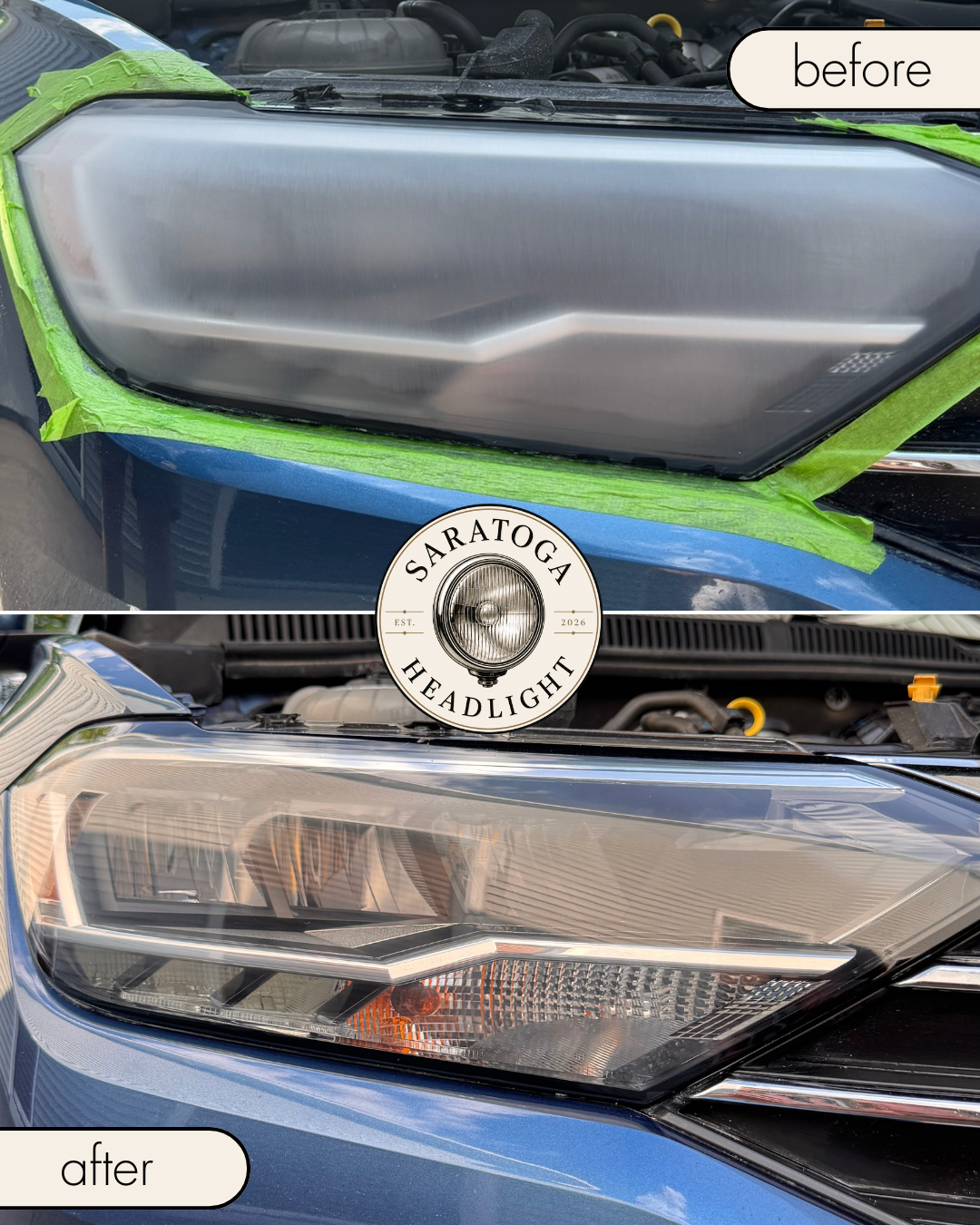 Before and after headlight restoration — oxidized lens restored to crystal clarity