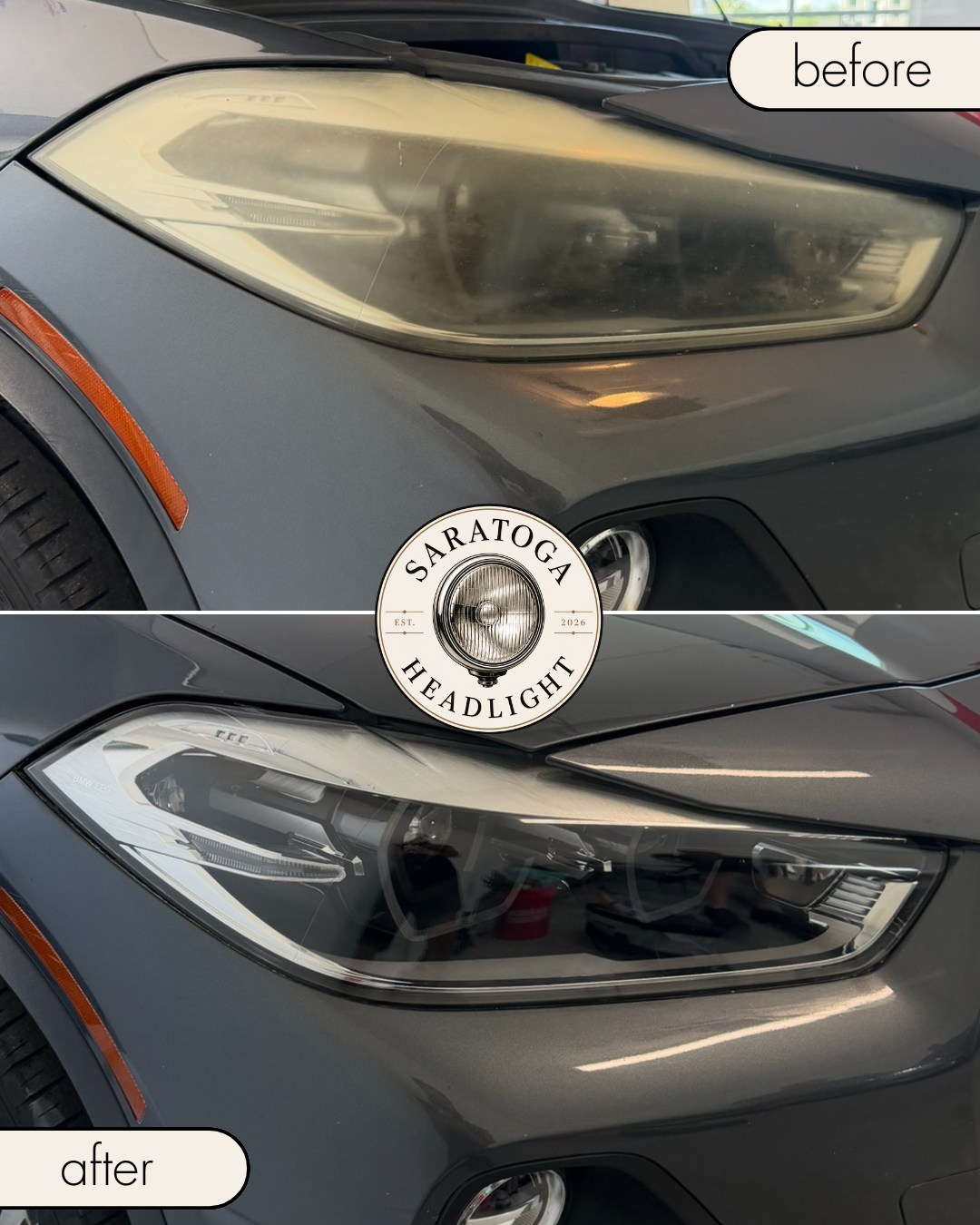 Before and after headlight restoration — oxidized truck headlight restored to crystal clarity