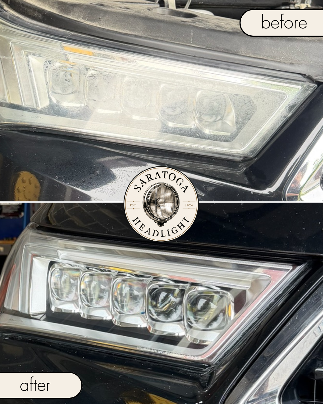 Before and after headlight restoration — oxidized lens restored to crystal clarity in Queensbury, NY