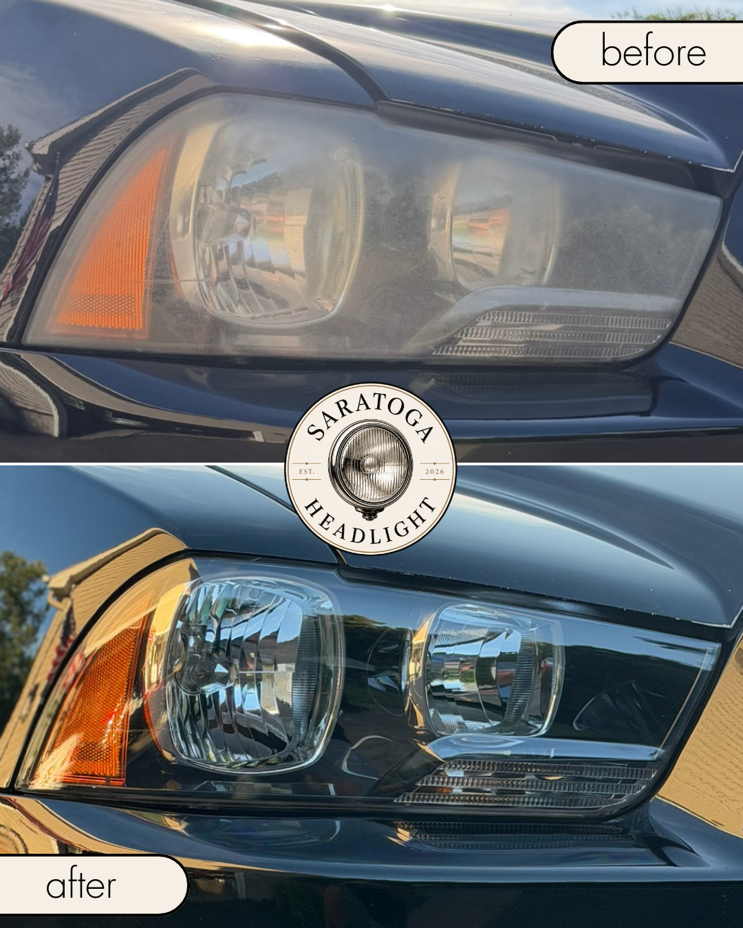 Before and after headlight restoration — cloudy headlight restored to like-new clarity