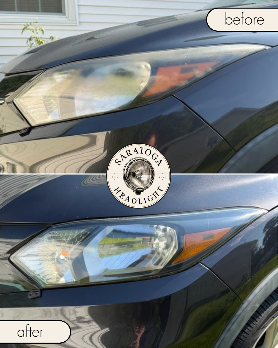 Before and after headlight restoration — oxidized lens restored to clarity in Ballston Spa, NY