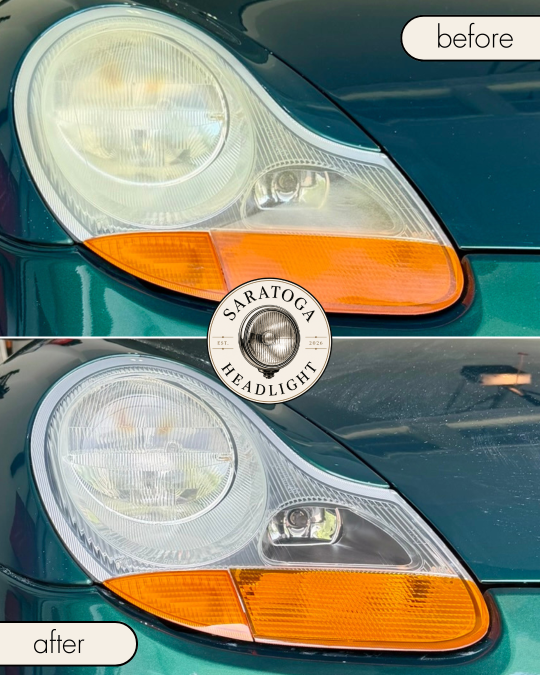 Before and after headlight restoration — oxidized lens restored to crystal clarity in Saratoga Springs, NY